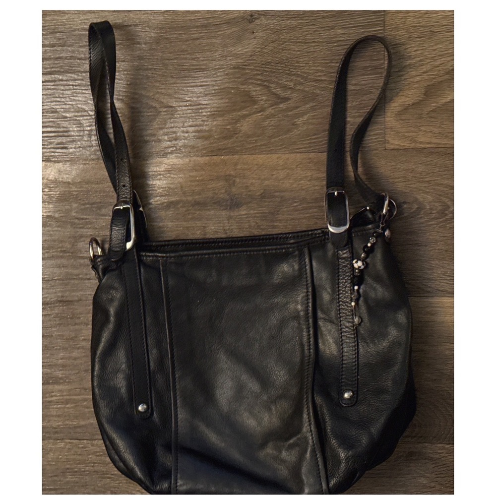 Genuine Leather Hobo Bag Purse Silver Buckle Adjustable Strap Charm Black 
14x10